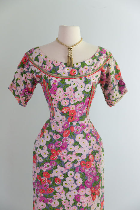 Stunning 1950's Designer Tina Leser Documented Carnation Cocktail Dress / Small