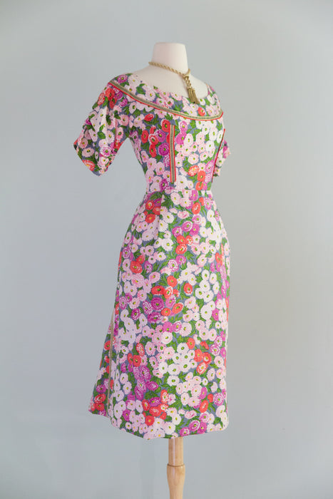 Stunning 1950's Designer Tina Leser Documented Carnation Cocktail Dress / Small