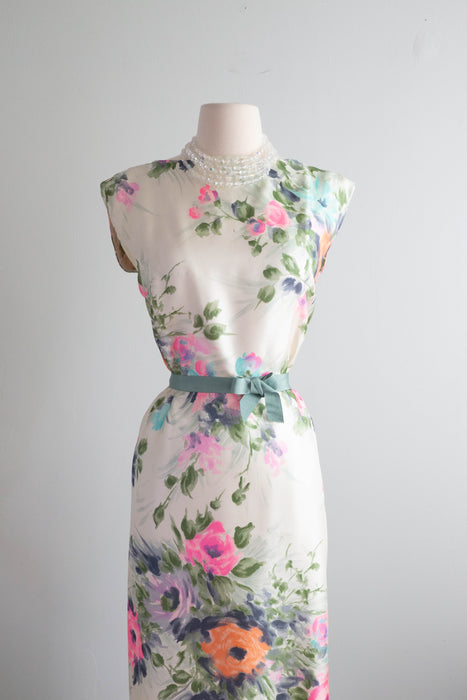 Beautiful 1950's Silk Watercolor Floral Print Cocktail Dress / Medium