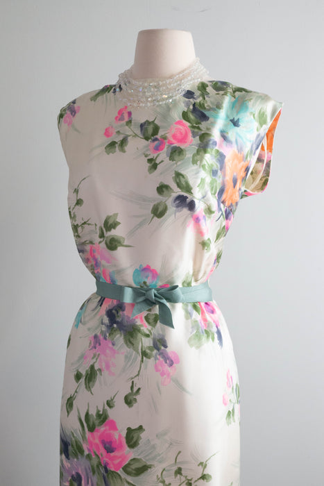 Beautiful 1950's Silk Watercolor Floral Print Cocktail Dress / Medium