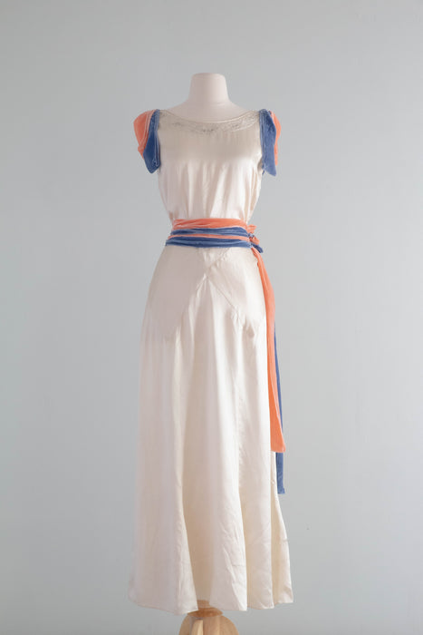 Exquisite Late Edwardian Era Ivory Silk Evening Gown With Velvet Sash Xtabay Vintage Exquisite Late Edwardian Era Ivory Silk Evening Gown With Velvet Sash Xtabay Vintage