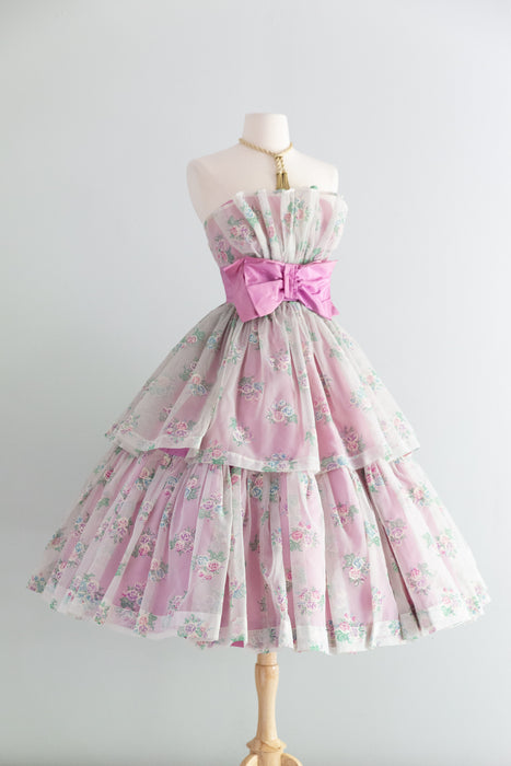 Dreamy 1950's Marie Antoinette Lavender Rose Print Party Dress / XS