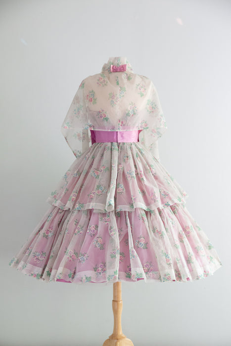 Dreamy 1950's Marie Antoinette Lavender Rose Print Party Dress / XS