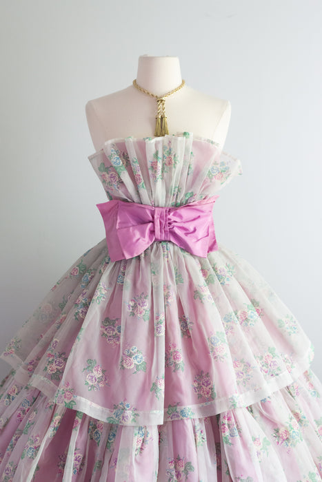 Dreamy 1950's Marie Antoinette Lavender Rose Print Party Dress / XS