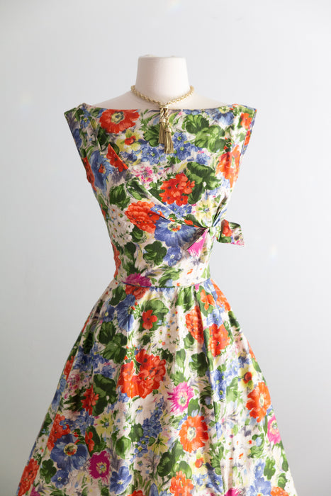 Glamorous 1950's Floral Party Dress By Ceil Chapman / S