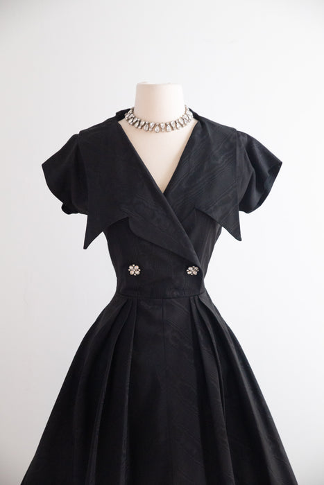 Elegant Early 1950's New Look Black Moire Cocktail Dress With Rhinestone Buttons / SM