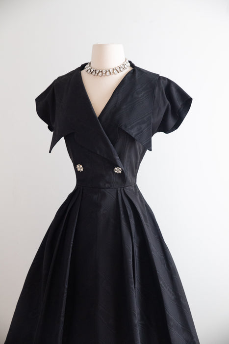 Elegant Early 1950's New Look Black Moire Cocktail Dress With Rhinestone Buttons / SM