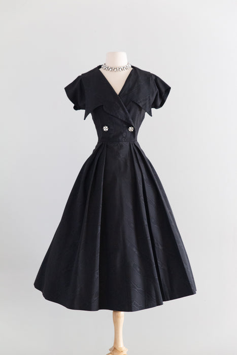 Elegant Early 1950's New Look Black Moire Cocktail Dress With Rhinestone Buttons / SM
