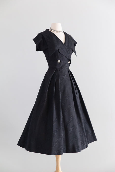 Elegant Early 1950's New Look Black Moire Cocktail Dress With Rhinestone Buttons / SM