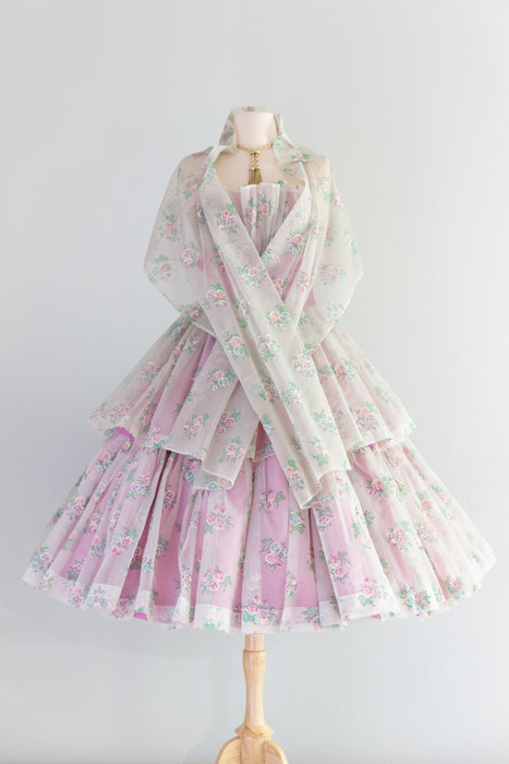 Dreamy 1950's Marie Antoinette Lavender Rose Print Party Dress / XS