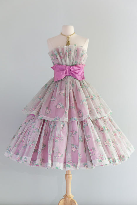 Dreamy 1950's Marie Antoinette Lavender Rose Print Party Dress / XS