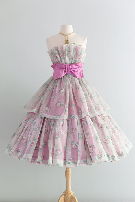 Dreamy 1950's Marie Antoinette Lavender Rose Print Party Dress / XS