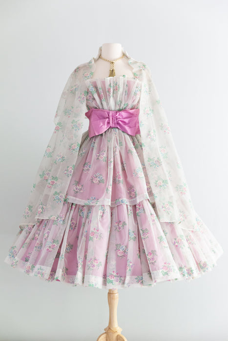 Dreamy 1950's Marie Antoinette Lavender Rose Print Party Dress / XS