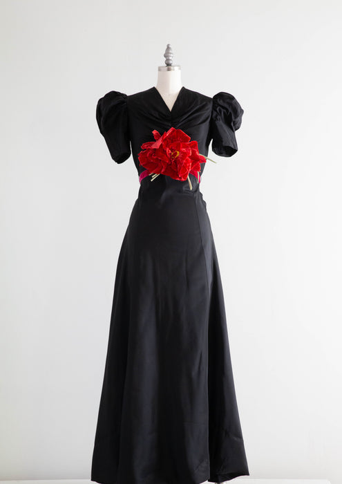 Elegant 1930's Grand Floral Evening Gown In Black Taffeta / Small