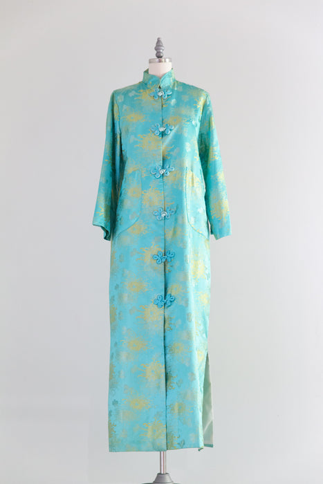 Luxurious Vintage Aqua Silk Brocade Full Length Robe From Japan / M