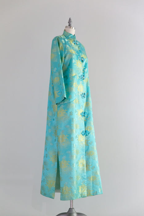 Luxurious Vintage Aqua Silk Brocade Full Length Robe From Japan / M