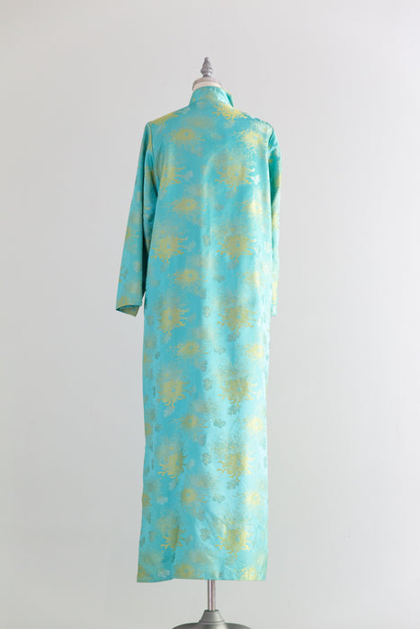 Luxurious Vintage Aqua Silk Brocade Full Length Robe From Japan / M