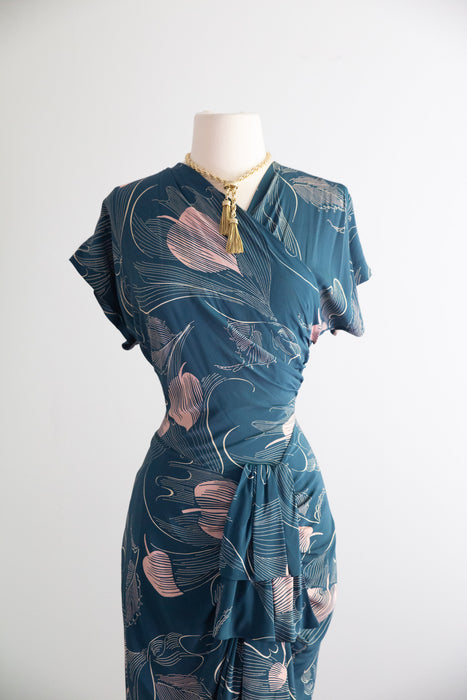 Exquisite 1940's Teal & Ballet Pink Rayon Wrap Bodice Dress / SM
