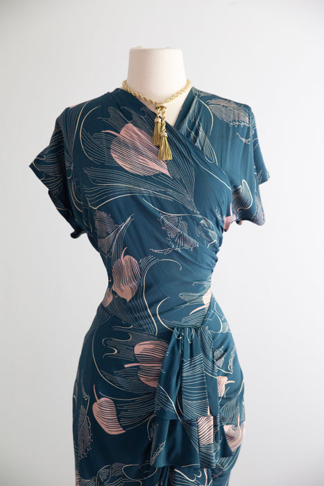 Exquisite 1940's Teal & Ballet Pink Rayon Wrap Bodice Dress / SM