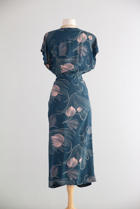 Exquisite 1940's Teal & Ballet Pink Rayon Wrap Bodice Dress / SM