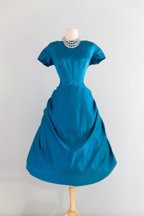 Exquisite 1950's Cerulean Blue Silk Satin Demi Couture Cocktail Dress By Mike Anthony / M