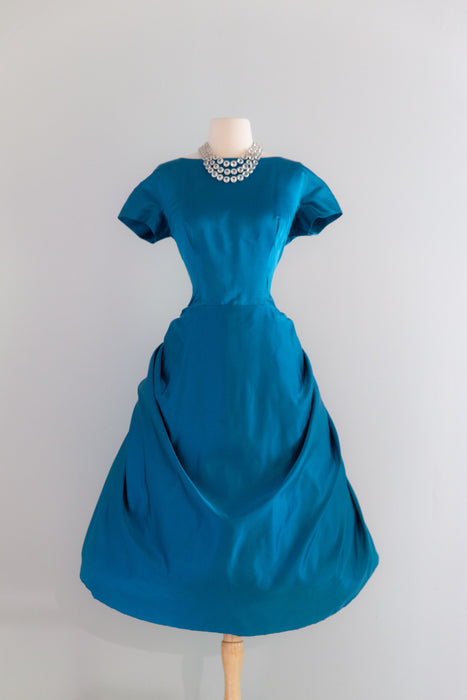 Exquisite 1950's Cerulean Blue Silk Satin Demi Couture Cocktail Dress By Mike Anthony / M