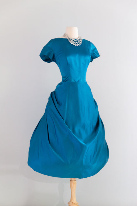Exquisite 1950's Cerulean Blue Silk Satin Demi Couture Cocktail Dress By Mike Anthony / M