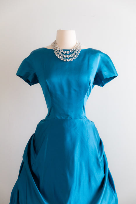 Exquisite 1950's Cerulean Blue Silk Satin Demi Couture Cocktail Dress By Mike Anthony / M