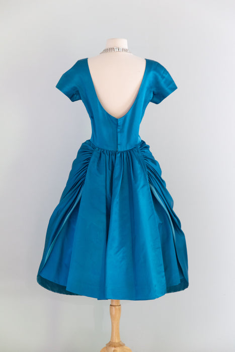 Exquisite 1950's Cerulean Blue Silk Satin Demi Couture Cocktail Dress By Mike Anthony / M