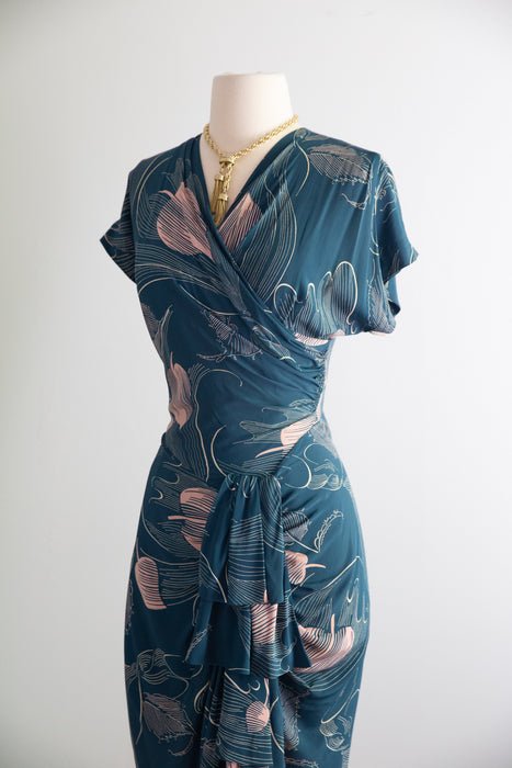 Exquisite 1940's Teal & Ballet Pink Rayon Wrap Bodice Dress / SM