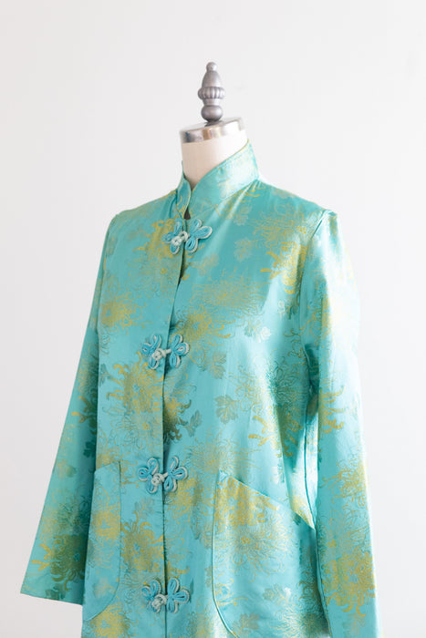 Luxurious Vintage Aqua Silk Brocade Full Length Robe From Japan / M