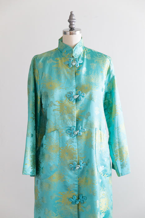 Luxurious Vintage Aqua Silk Brocade Full Length Robe From Japan / M