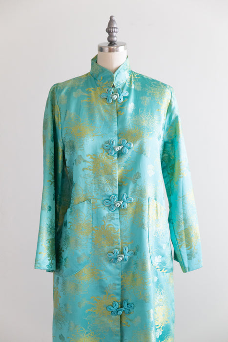 Luxurious Vintage Aqua Silk Brocade Full Length Robe From Japan / M