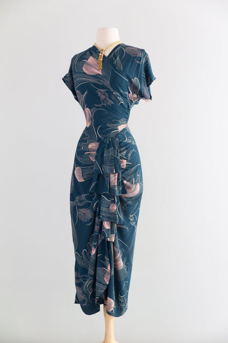 Exquisite 1940's Teal & Ballet Pink Rayon Wrap Bodice Dress / SM