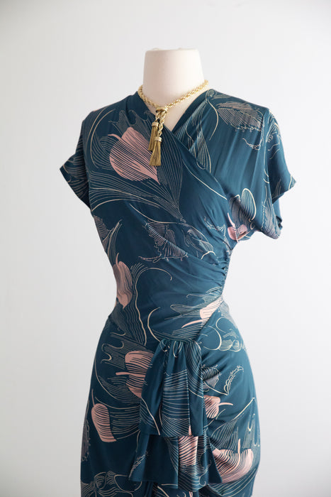 Exquisite 1940's Teal & Ballet Pink Rayon Wrap Bodice Dress / SM