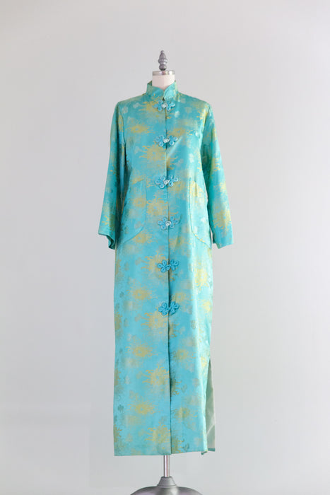 Luxurious Vintage Aqua Silk Brocade Full Length Robe From Japan / M