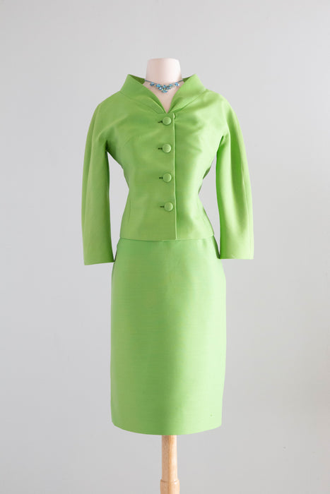 Elegant 1960's Lilli Ann Suit in Parrot Green Shantung Silk / Medium