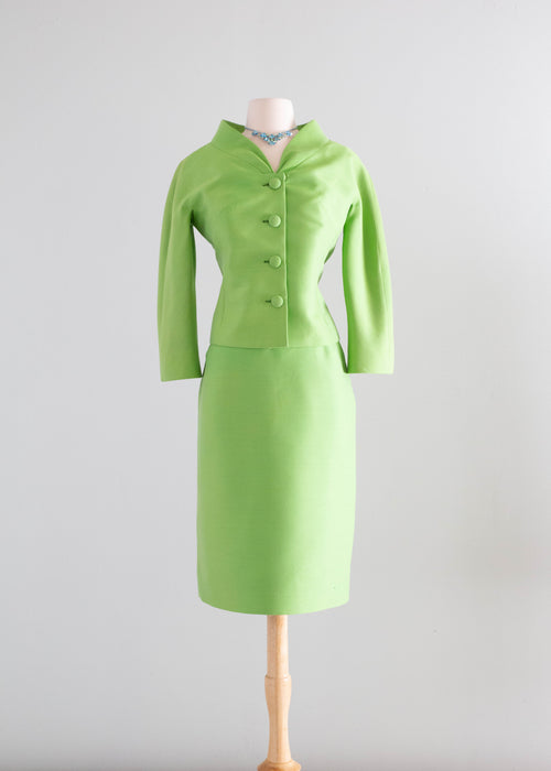 Elegant 1960's Lilli Ann Suit in Parrot Green Shantung Silk / Medium