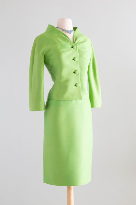 Elegant 1960's Lilli Ann Suit in Parrot Green Shantung Silk / Medium