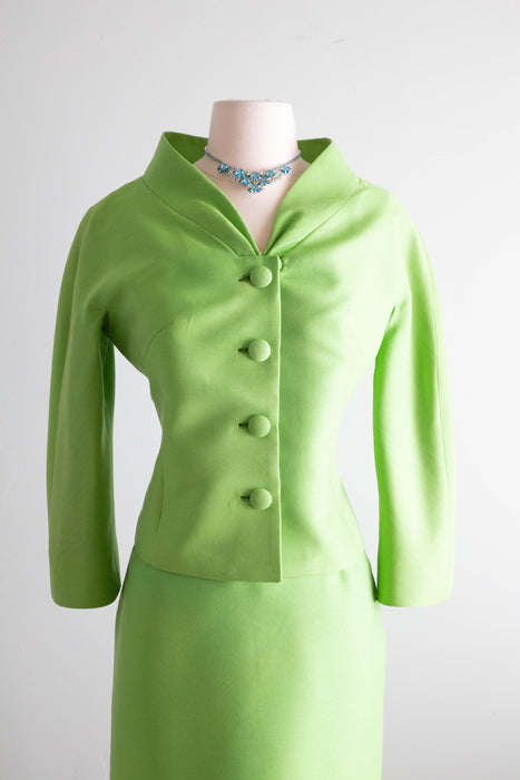 Elegant 1960's Lilli Ann Suit in Parrot Green Shantung Silk / Medium