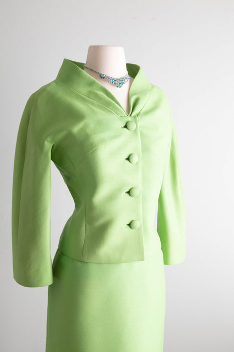 Elegant 1960's Lilli Ann Suit in Parrot Green Shantung Silk / Medium