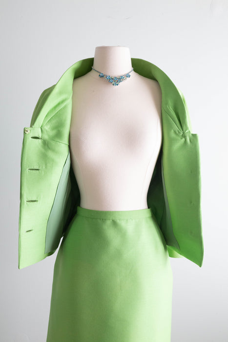 Elegant 1960's Lilli Ann Suit in Parrot Green Shantung Silk / Medium