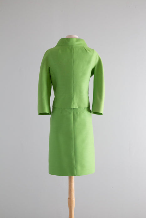 Elegant 1960's Lilli Ann Suit in Parrot Green Shantung Silk / Medium