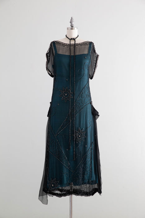 1920's Midnight in Paris Beaded Silk Flapper Dress With Stars / M Xtabay Vintage 1920's Midnight in Paris Beaded Silk Flapper Dress With Stars / M Xtabay Vintage
