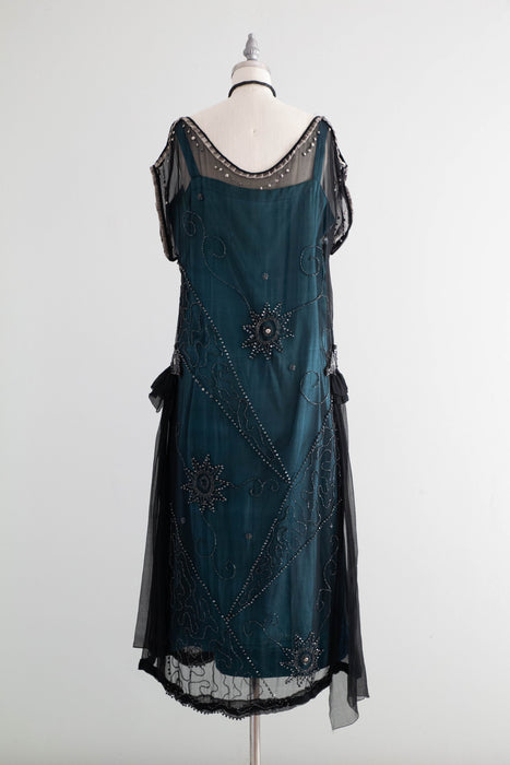 1920's Midnight in Paris Beaded Silk Flapper Dress With Stars / M Xtabay Vintage 1920's Midnight in Paris Beaded Silk Flapper Dress With Stars / M Xtabay Vintage
