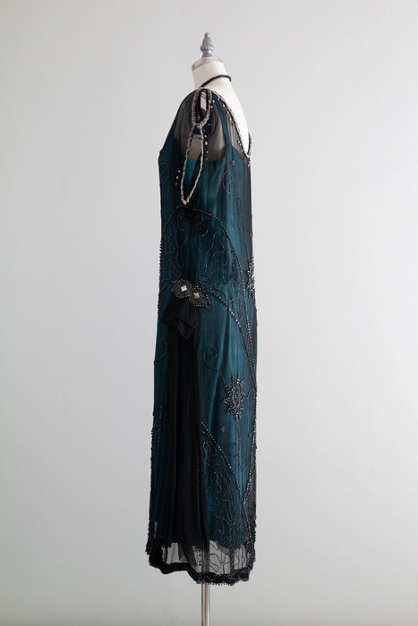 1920's Midnight in Paris Beaded Silk Flapper Dress With Stars / M Xtabay Vintage 1920's Midnight in Paris Beaded Silk Flapper Dress With Stars / M Xtabay Vintage