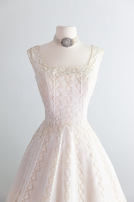 Exquisite 1950's Pintuck Pleated Cotton Bridal Dress By Harvey Berin / M