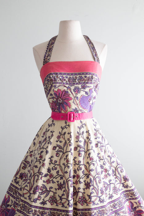 Fabulous 1950's Pink & Purple Indian Block Print Cotton Halter Dress / XS