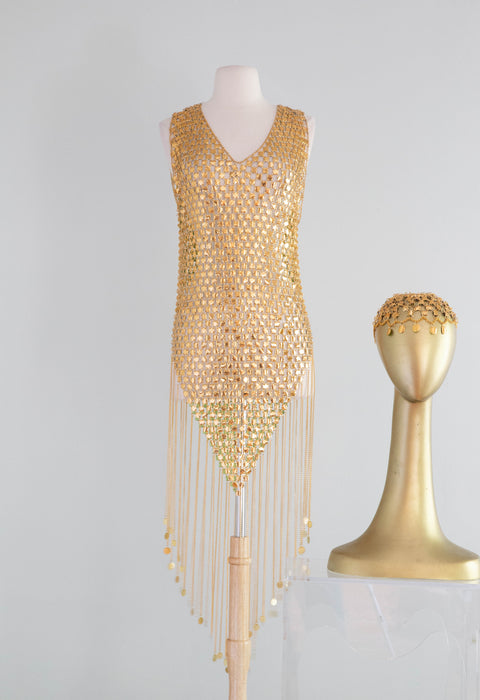 RARE Late 1960's Paco Rabanne Gold Chainmail Mini Dress And Headpiece Xtabay Vintage RARE Late 1960's Paco Rabanne Gold Chainmail Mini Dress And Headpiece Xtabay Vintage