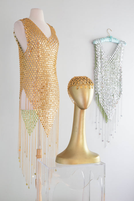 RARE Late 1960's Paco Rabanne Gold Chainmail Mini Dress And Headpiece Xtabay Vintage RARE Late 1960's Paco Rabanne Gold Chainmail Mini Dress And Headpiece Xtabay Vintage